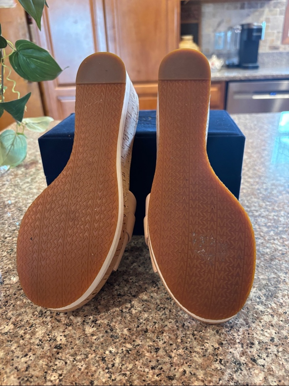Michael Kors Warren Nude Leather Cork Wedge Slide Sandals with Gold MK Medallion - Picture 16 of 16